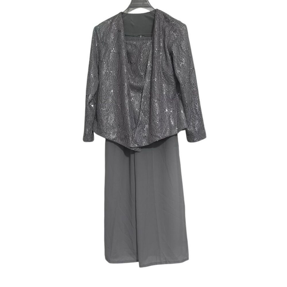 NWOT Formal Pantsuit 3Pc Set Small Gray Silver Sequined Lace Top Jacket & Pants - Picture 3 of 12